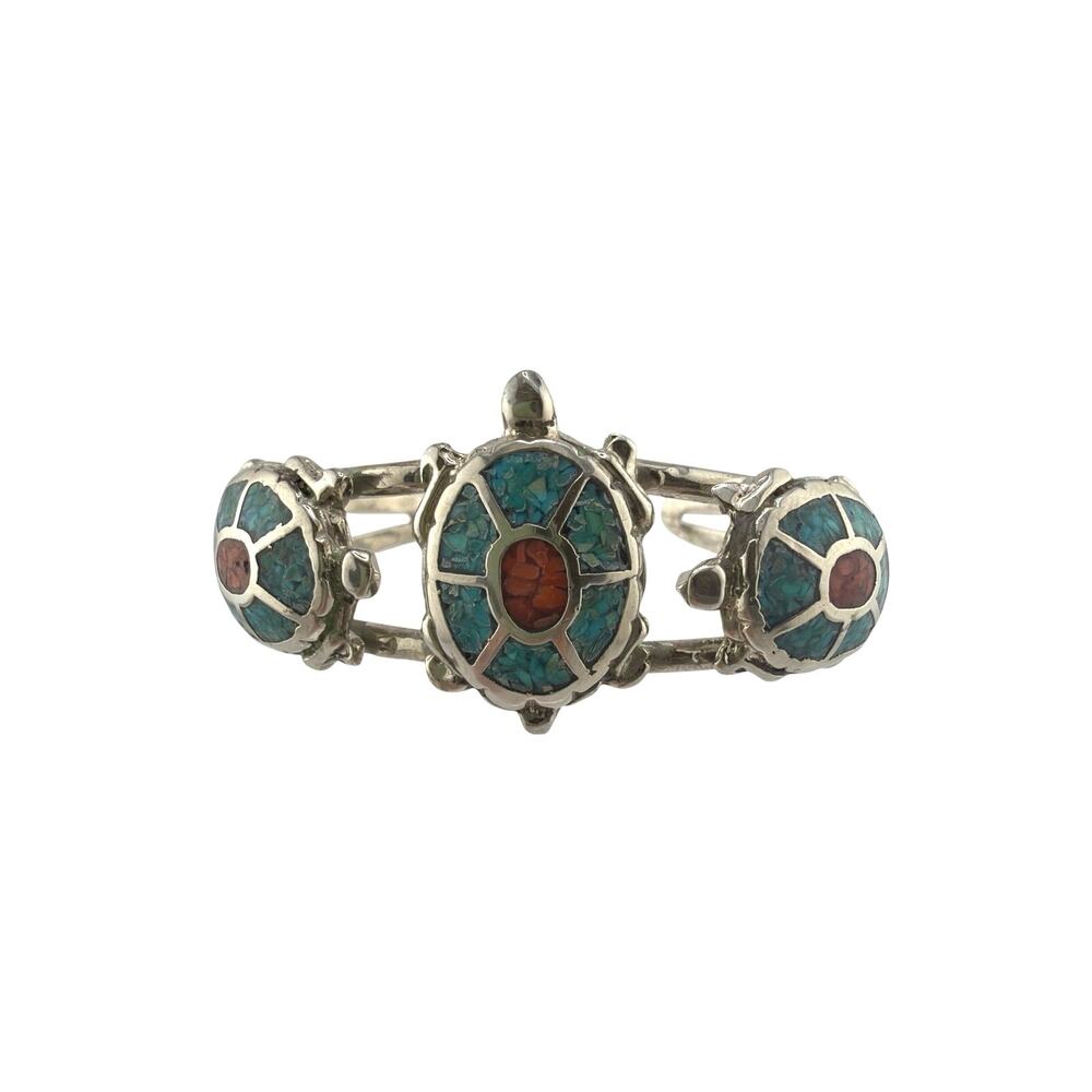 Vintage Navajo Sterling Silver Turtle Turquoise Coral Chip Inlay Cuff Bracelet